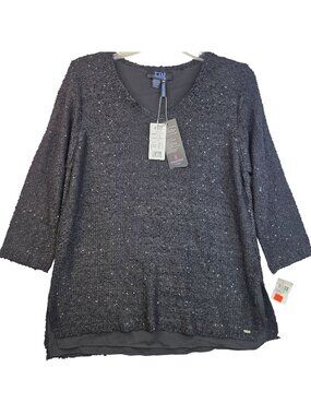 FDJ Sequined Metallic Knit Tunic M Black Sparkle Festival Y2k Gala Glam Evening